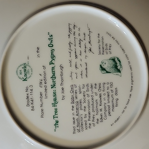 Vtg Plate The Tree House: Northern Pygmy Owls Hallmark #9306A - Picture 3 of 3